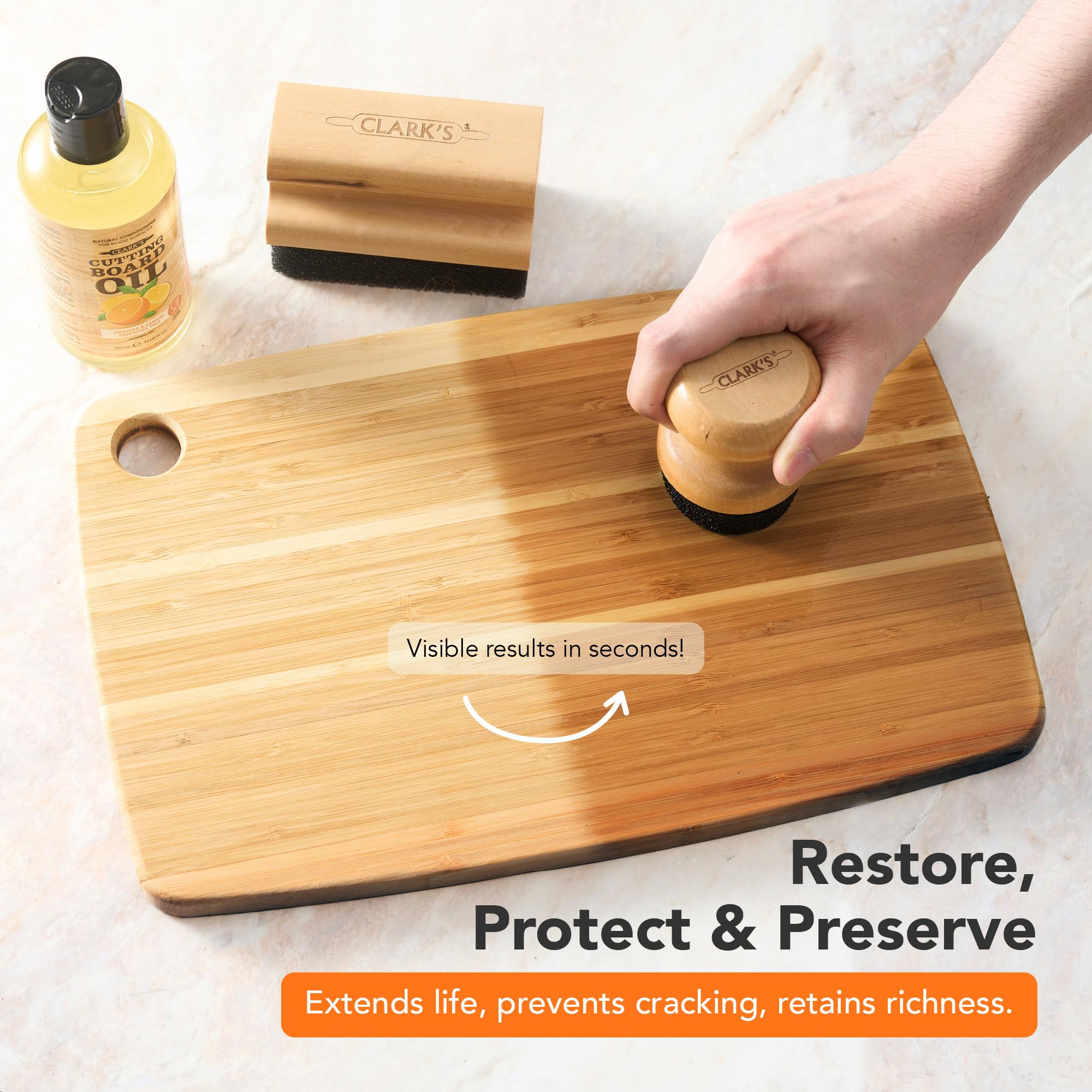 CLARK'S Food Grade Mineral Oil (12oz) and Carnauba Wax (6oz) Set - 100% Natural Butcher Block Oil and Cutting Board Wax - Food Safe Beeswax and Wood Cutting Board Oil with Orange & Lemon Extract
