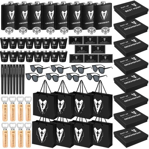 Layhit 80 Pcs Groomsmen Gifts Set of 8, Groomsmen Proposal Gift Set, 8 Flask and 16 Stainless Steel Shot Glass 8 Wood Bottle Opener 8 Pen 8 Sunglasses with 8 Card 8 Box 8 Bag for Wedding Party