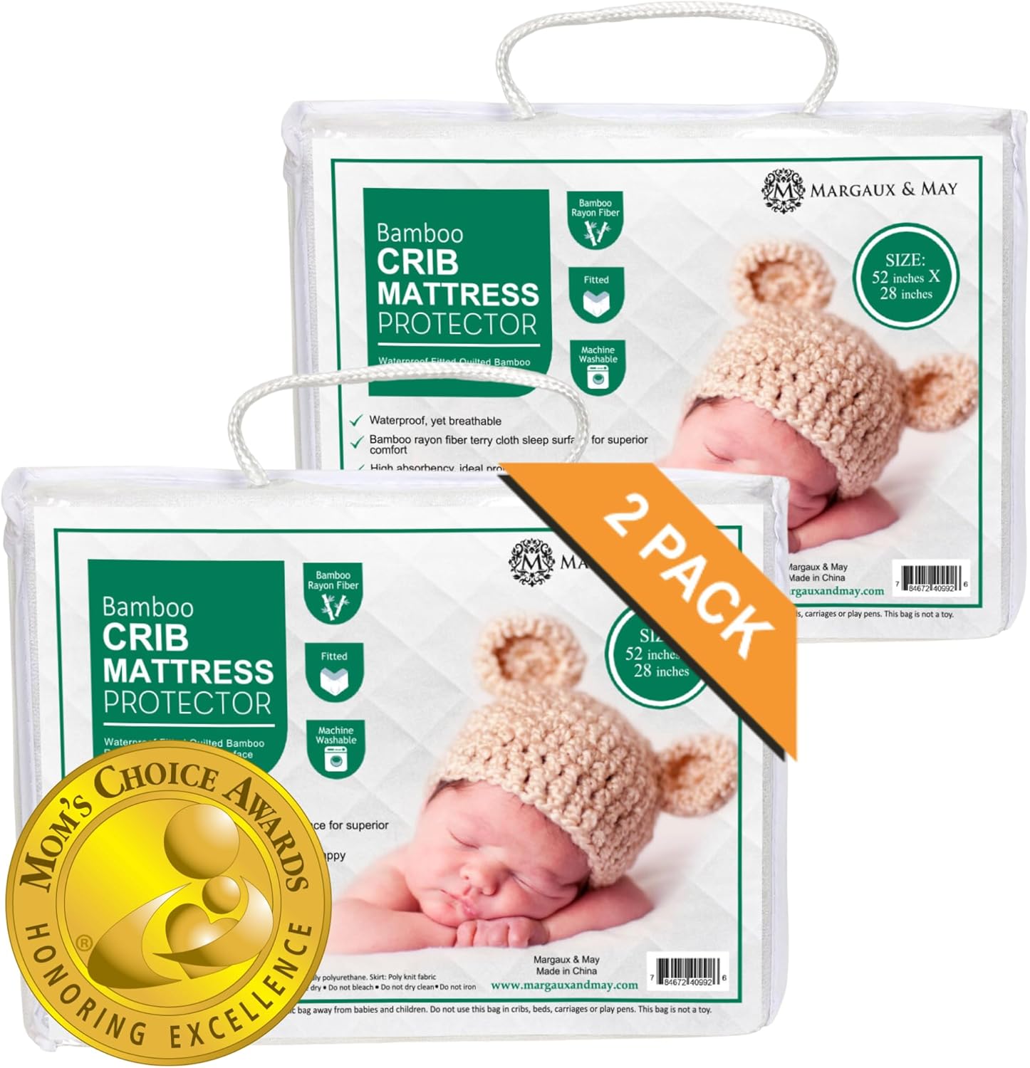 Margaux & May Crib Mattress Protector - 100% Waterproof & Highly Absorbent Quilted Cover | 2 Pack, Oeko-TEX® Certified, Noiseless, Fits 28" x 52" Cribs