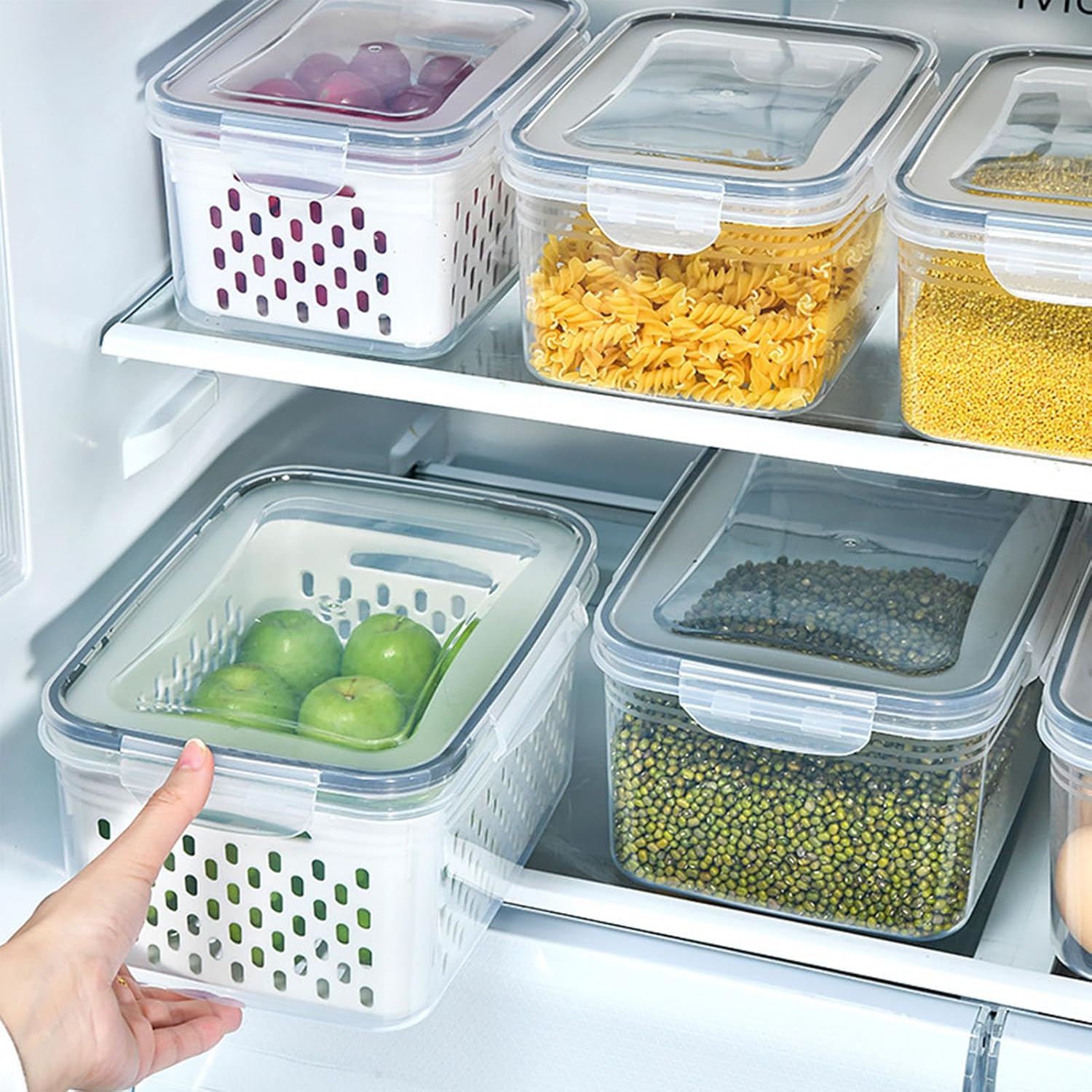 Skiennix Food Storage Containers - 4-in-1 Multipurpose with Removable Colander | Transparent Plastic, Gray (M+L)