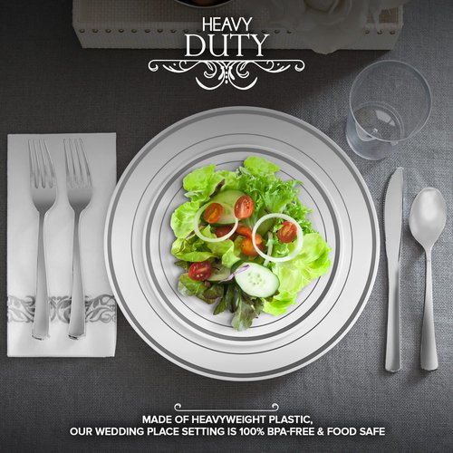 700 Piece Silver Dinnerware Set: 200 Silver-Rim Plastic Plates, 100 Silver Silverware, 100 Plastic Cups, 100 Cloth-Like Napkins, Bulk Wedding Plates Disposable Set 100 Guests