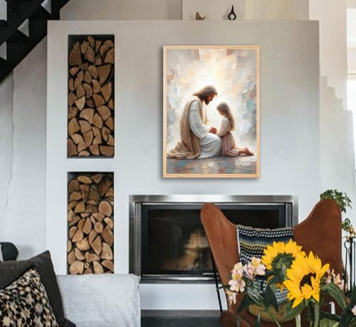 Jesus & Girl Wall Art - Christian Spiritual Painting of Jesus Praying with Child | Unframed Religious Decor