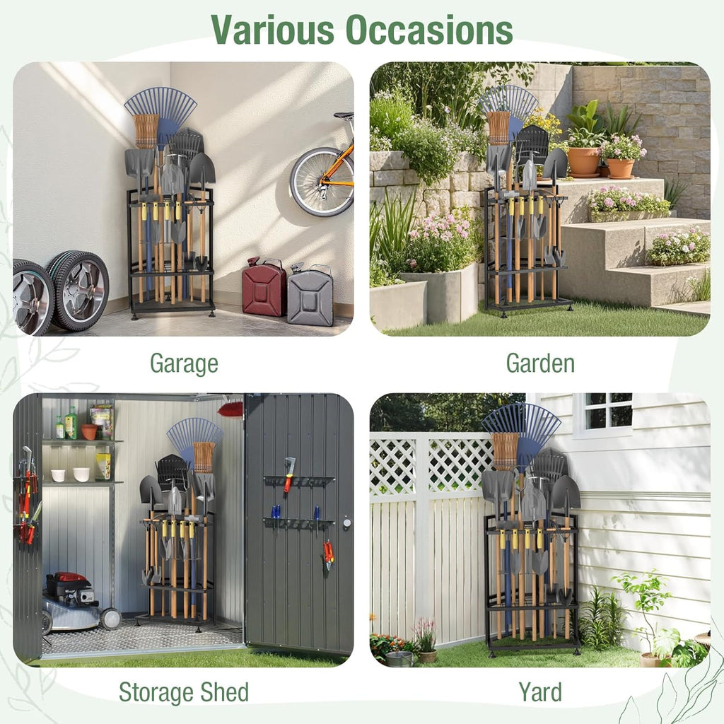 Skiennix Garden Tool Organizer - Heavy Duty Steel Storage Rack for Long-Handled Tools | Corner Design