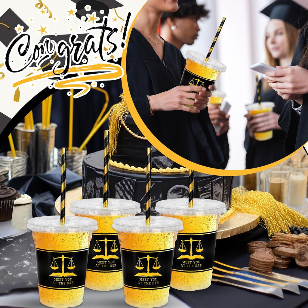 Whaline 50Pcs 12Oz Law School Graduation Cups - Disposable Plastic with Lids & Straws for Celebrations