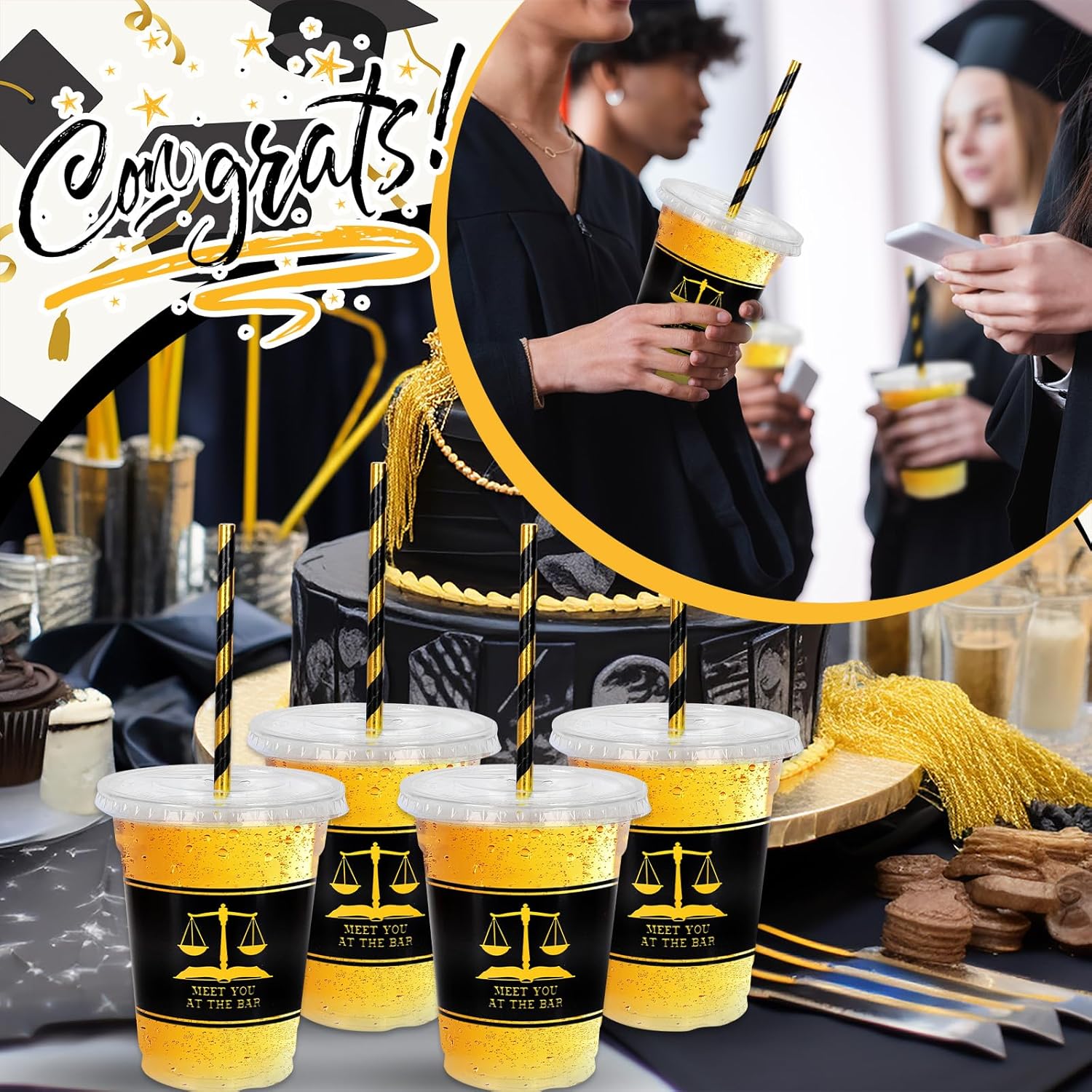 Whaline 50Pcs 12Oz Law School Graduation Cups - Disposable Plastic with Lids & Straws for Celebrations