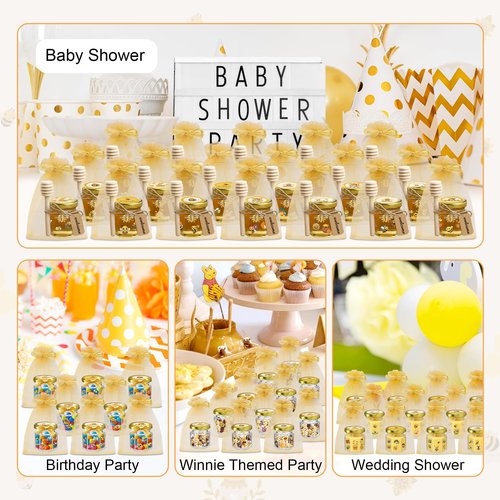 BGraceyy 144Pcs 1.5 oz Mini Hexagon Glass Honey Jars with Dippers, Gold Lids, Bee Stickers, Bee Charms, Gift Bags & Jute–Empty Small Honey Jars for Party Favors Bulk, Ideal for Baby Showers ＆ Weddings