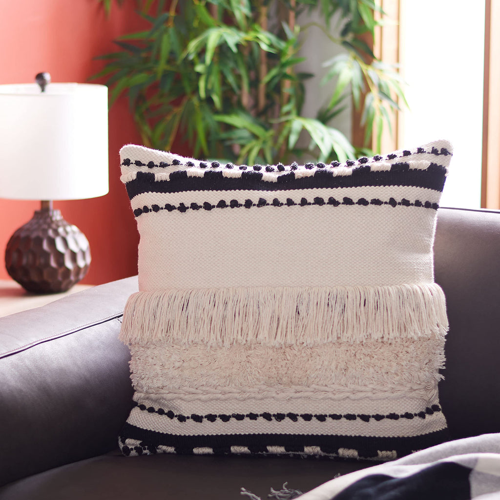 SAFAVIEH Home Collection Vanka Boho Beige/Black Tassel 20-inch Square Decorative Accent Throw Pillow (Insert Included) PLS4005A-2020