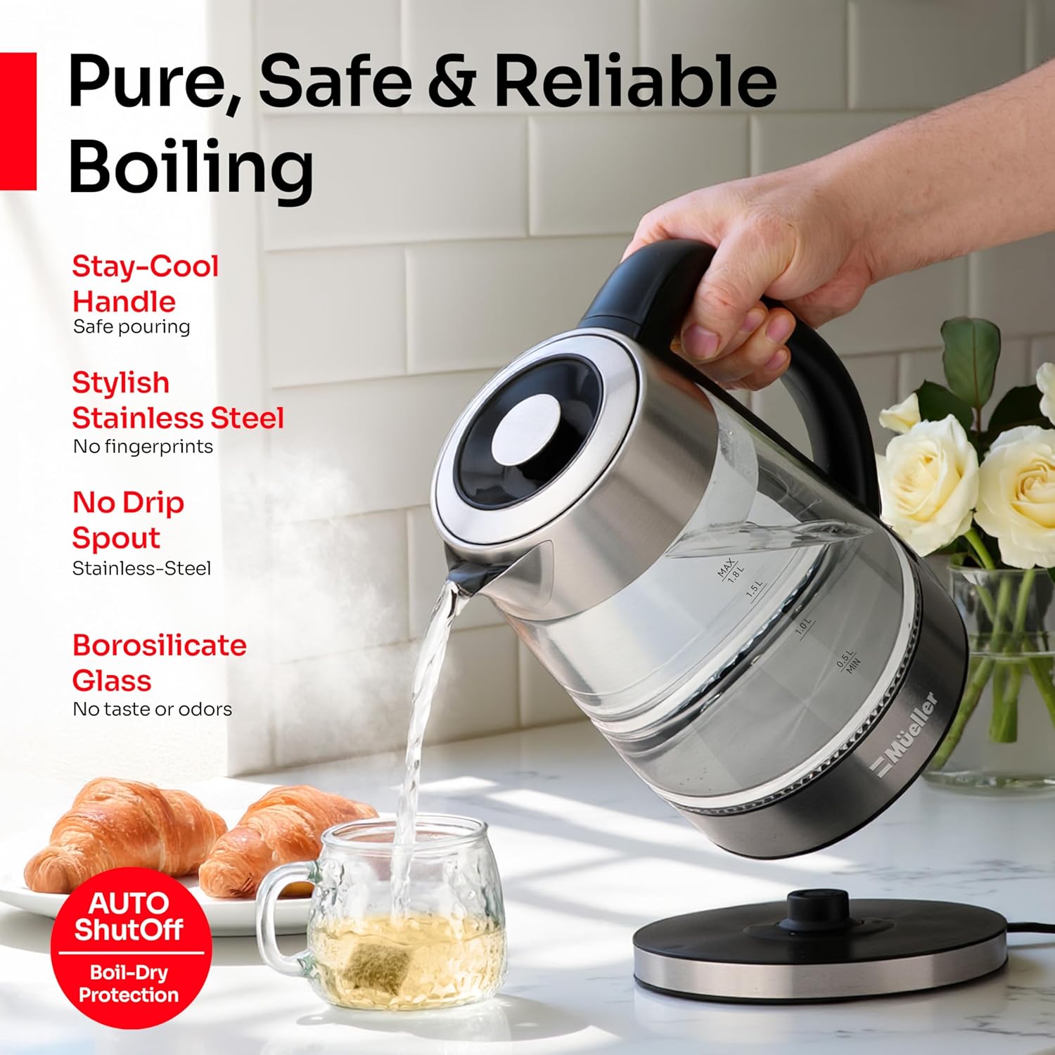 Mueller Rapid Boil Electric Tea Kettle - 1.8L Borosilicate Glass & Stainless Steel - BPA-Free, Auto Shut-Off & LED Light