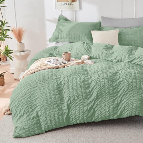 HYMOKEGE King Size Comforter Set - Luxury 7-Piece Bedding in Sage Green & Light Grey | All-Season Seersucker Design