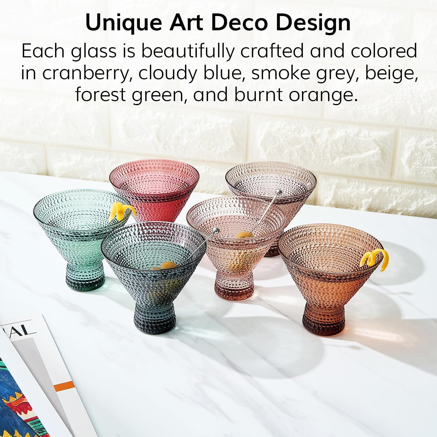 Khen Stemless Martini Colored Vintage Art Deco Glasses - Martini, Cocktail & Champagne Glasses | Set of 6 | Pastel Muted Crystal Cocktail Glassware, Goblet Cocktails, Bar Gift - Hobnail Design