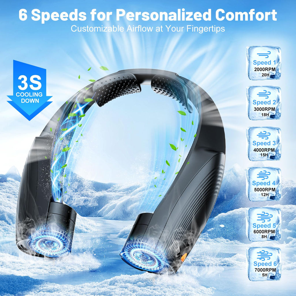 Portable Neck Fan with 6 Powerful Speeds, 8000mAh Battery Operated USB-C Rechargeable Fan, 20H Runtime, Hands-Free 360° Cooling Personal Wearable Neck Fan, Gift for Women Men Travel Concerts(Black)