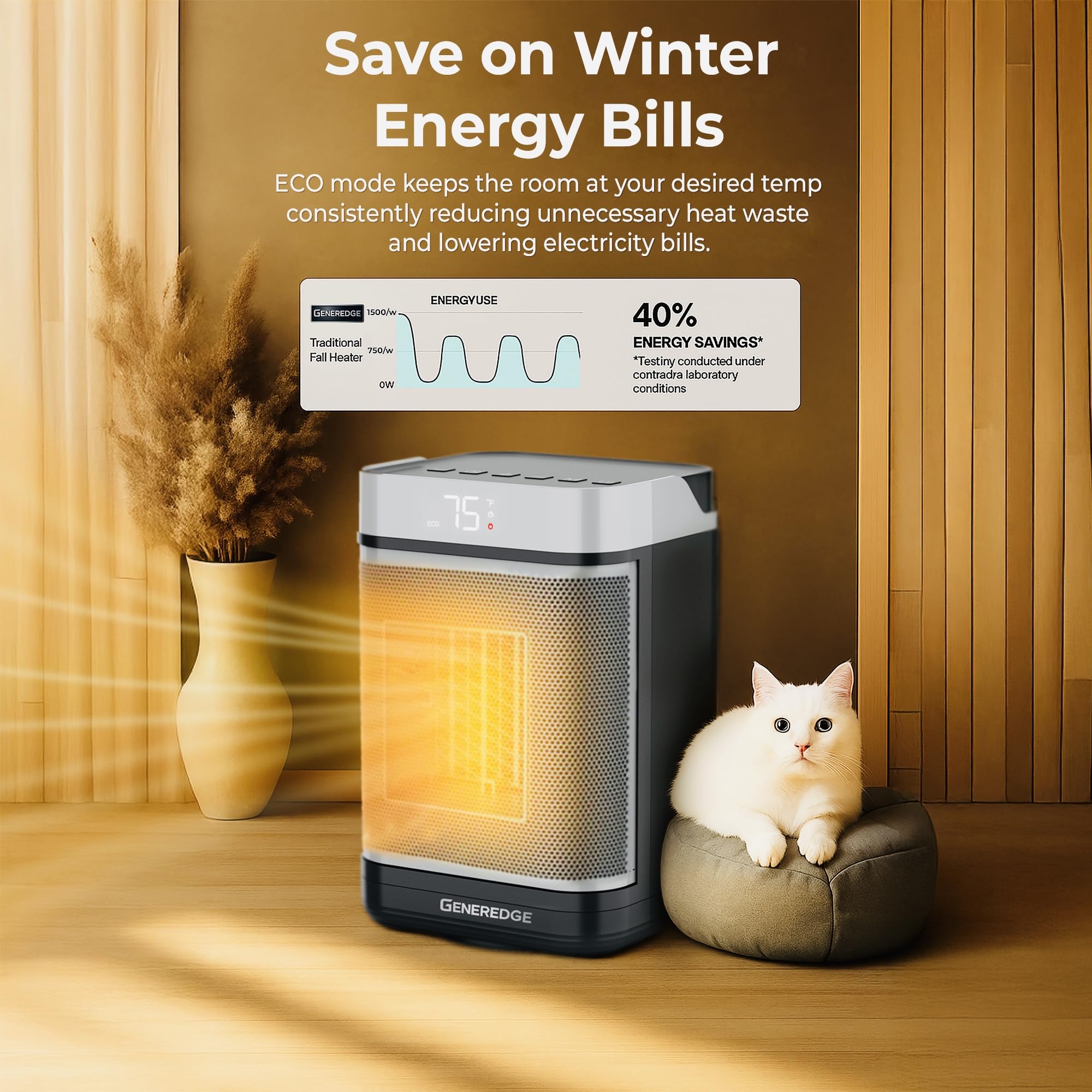 GENEREDGE Portable Space Heater for Indoor Use - 1500W PTC Electric Heater with Digital Thermostat, Remote Control, 80°Oscillation, Timer, Fan & Quite Eco Mode, Rapid and Safe Heating for Bedroom