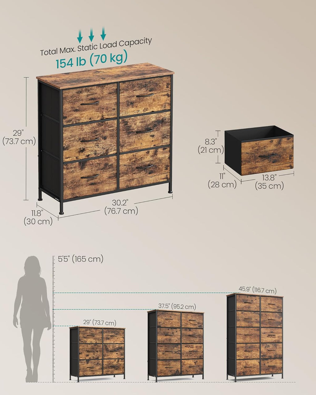 SONGMICS Dresser - 6 Non-Woven Fabric Drawers Storage Organizer Unit for Bedroom | Rustic Brown & Ink Black