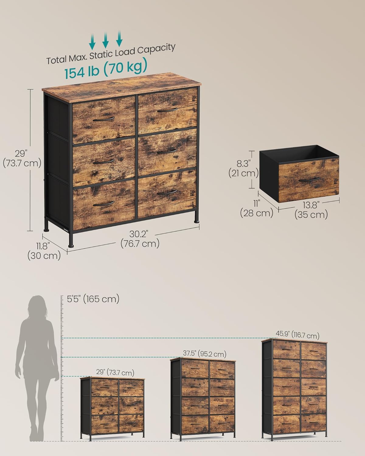 SONGMICS Dresser - 6 Non-Woven Fabric Drawers Storage Organizer Unit for Bedroom | Rustic Brown & Ink Black