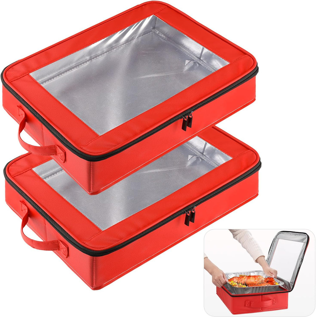 OUTXE 2 Pack Foil Pan Carrier - PU Leather Holder with Handle for Travel & Parties | 9x13 in, Red