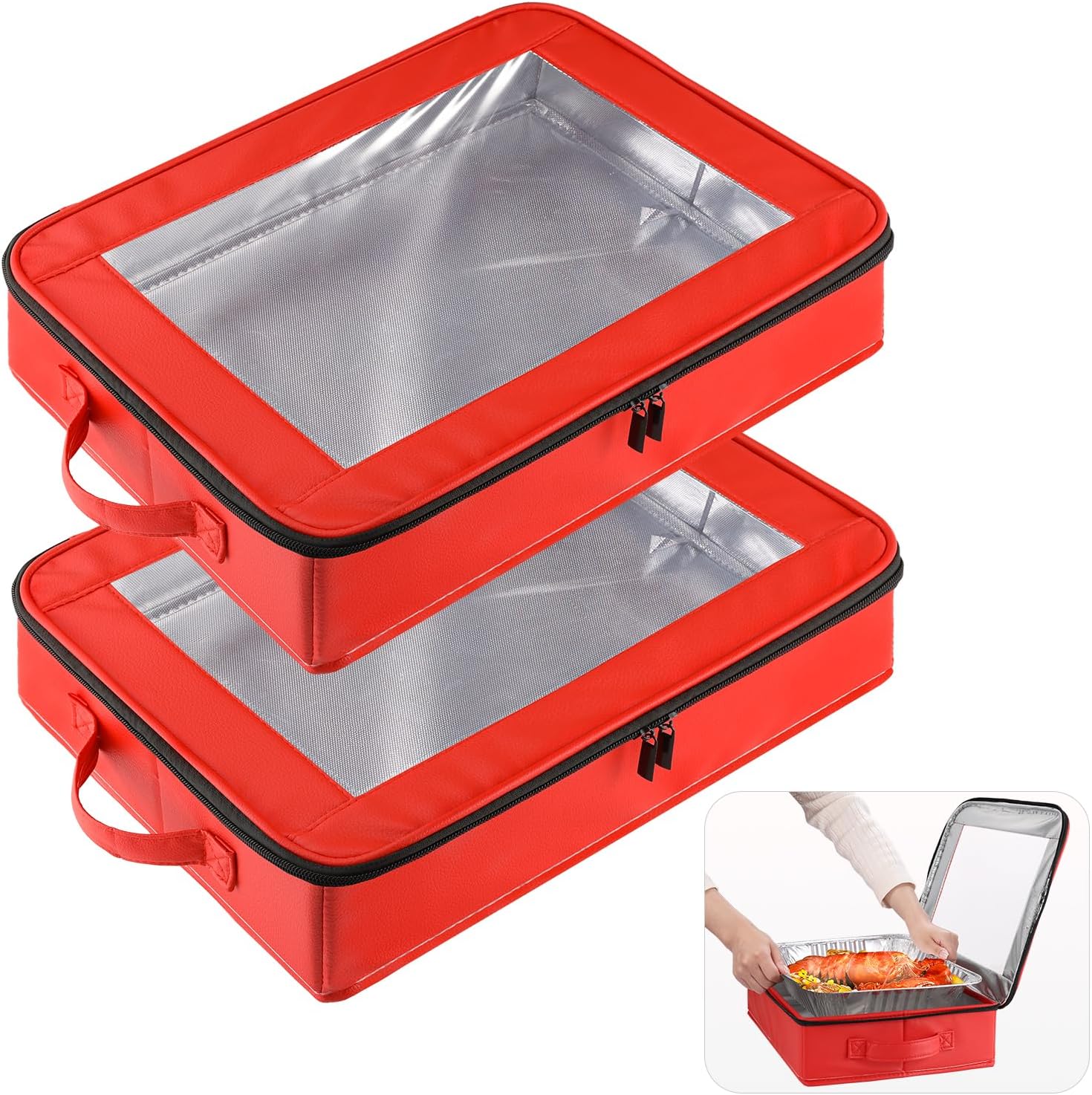 OUTXE 2 Pack Foil Pan Carrier - PU Leather Holder with Handle for Travel & Parties | 9x13 in, Red