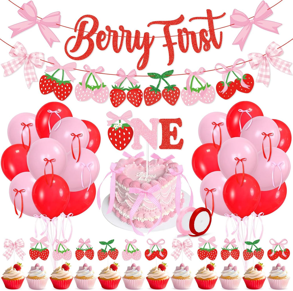 Skiennix Pink Bow Strawberry First Birthday Party Decor - Glitter Berry Banner & Cake Topper Set