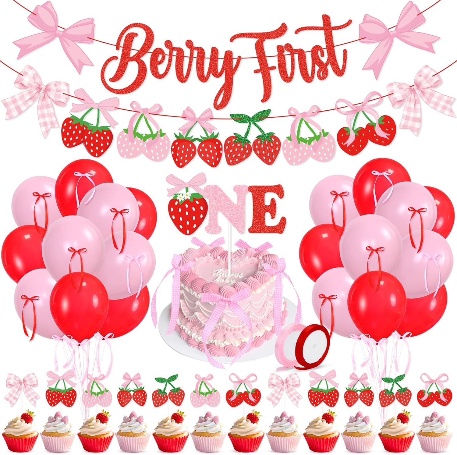 Skiennix Pink Bow Strawberry First Birthday Party Decor - Glitter Berry Banner & Cake Topper Set