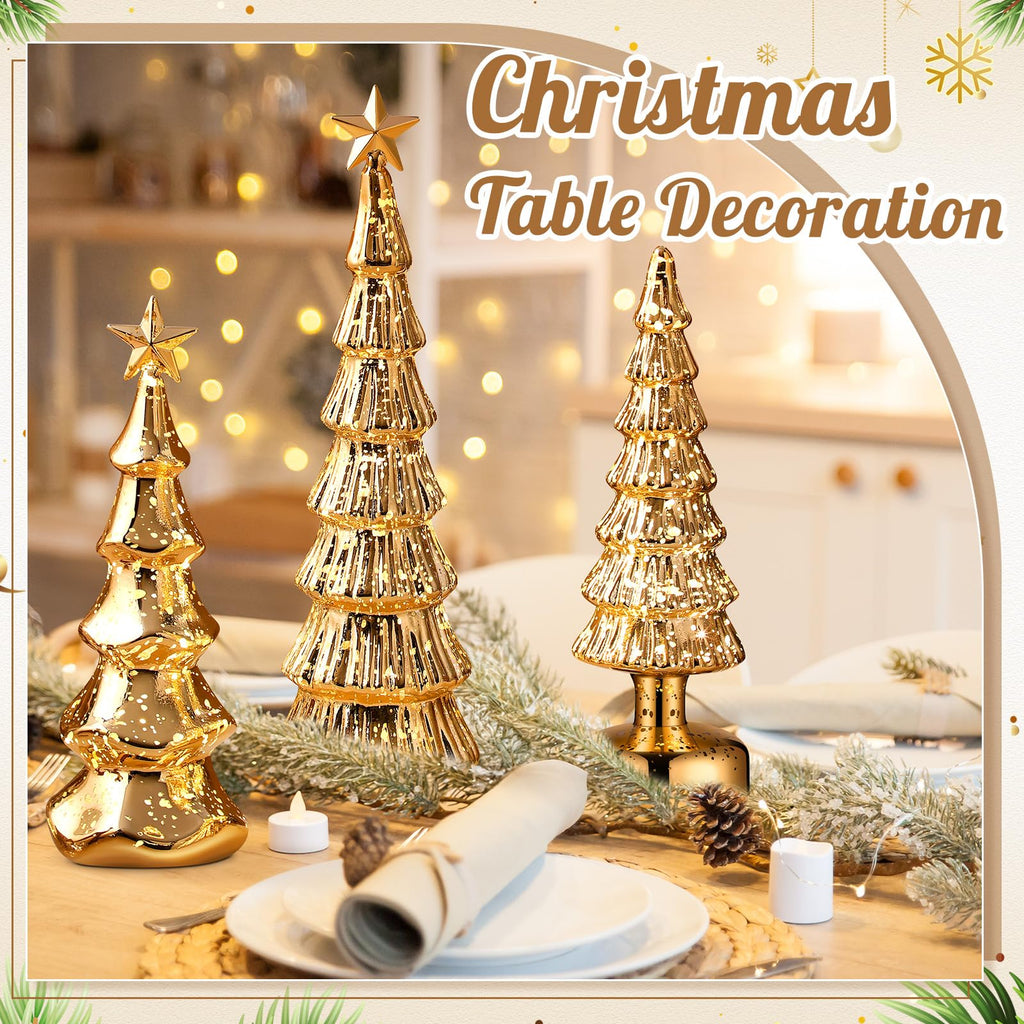 Funnymoom 3 Pack Glass Christmas Trees Decor Lighted Christmas Tree Tabletop Glitter Centerpiece Decoration Glass Xmas Tree Figurines Holiday Ornament for Table Mantle Fireplace(Gold,Classic)