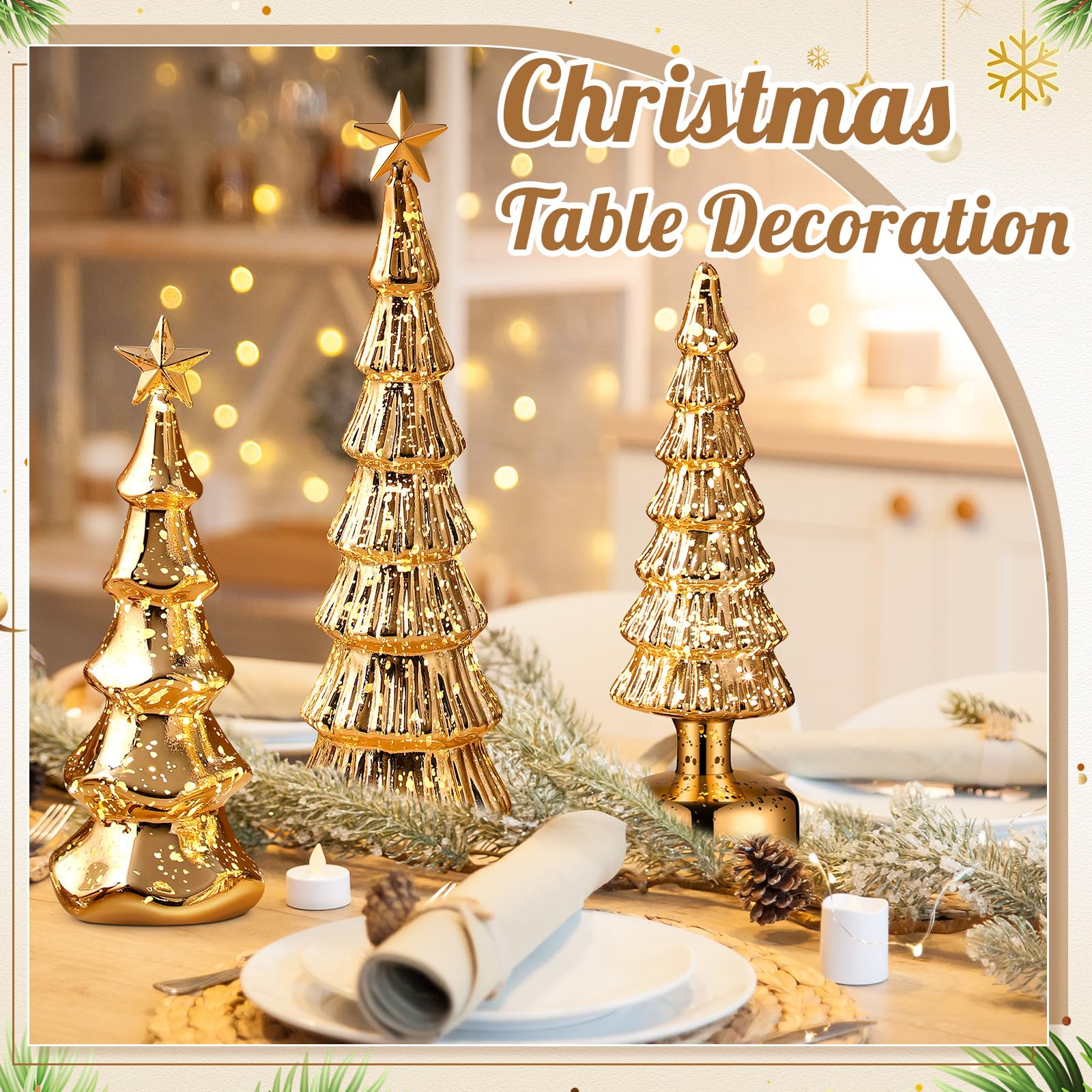 Funnymoom 3 Pack Glass Christmas Trees Decor Lighted Christmas Tree Tabletop Glitter Centerpiece Decoration Glass Xmas Tree Figurines Holiday Ornament for Table Mantle Fireplace(Gold,Classic)