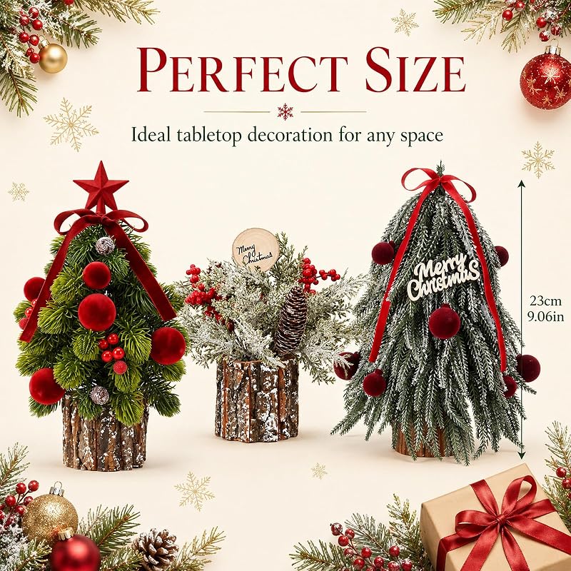 2 Pack Mini Christmas Trees with Red Velvet Pine Needles – Tabletop Decor, Rustic Stump Base
