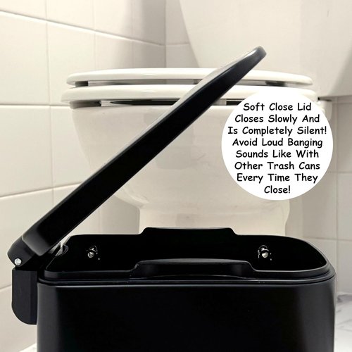 Homie Slim Trash Can - 6 Liter Soft Close Design with Anti-Bag Slip Liner | Matte Black for Bathroom, Kitchen, or Bedroom