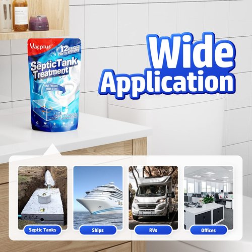 Vacplus Septic Tank Treatment 12 Pcs for 1-Year Supply, Dissolvable Packs with Easy Operation, Durable Biodegradable Enzymes for Wastes, Greases & Odors, Blue, 2X Efficiency