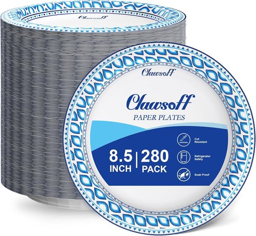 Clawsoff Heavy Duty 8.5-Inch Paper Plates - 280 Count, Soak Proof Disposable Dinner Plates for Parties & Picnics