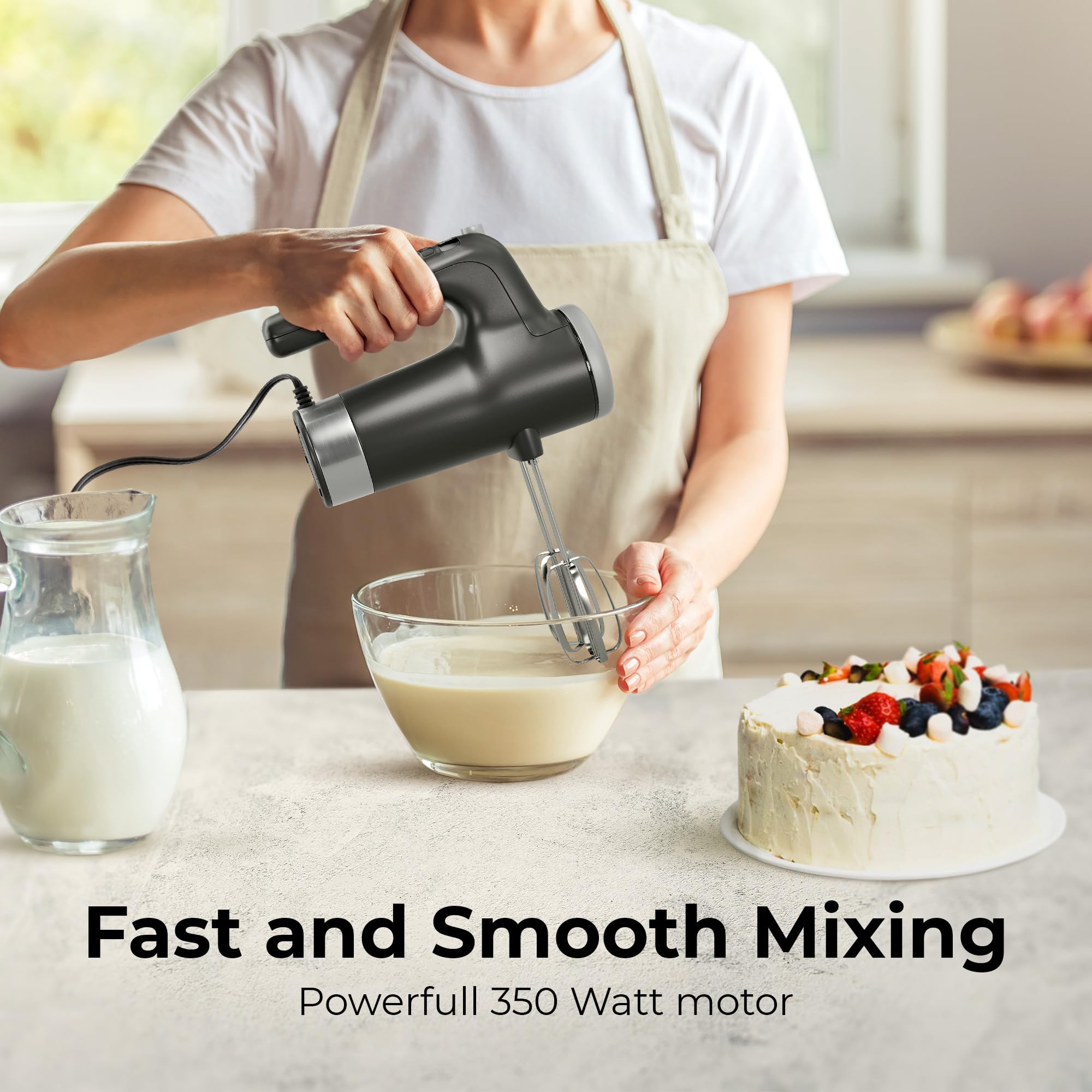 Stellagro Electric Hand Mixer 9 Speed with Stainless Steel Whisk, Flat Beater & Dough Hook, Snap Storage Case, Compact Lightweight 350 W Powerful handheld mixer for Baking & Cooking, Gray