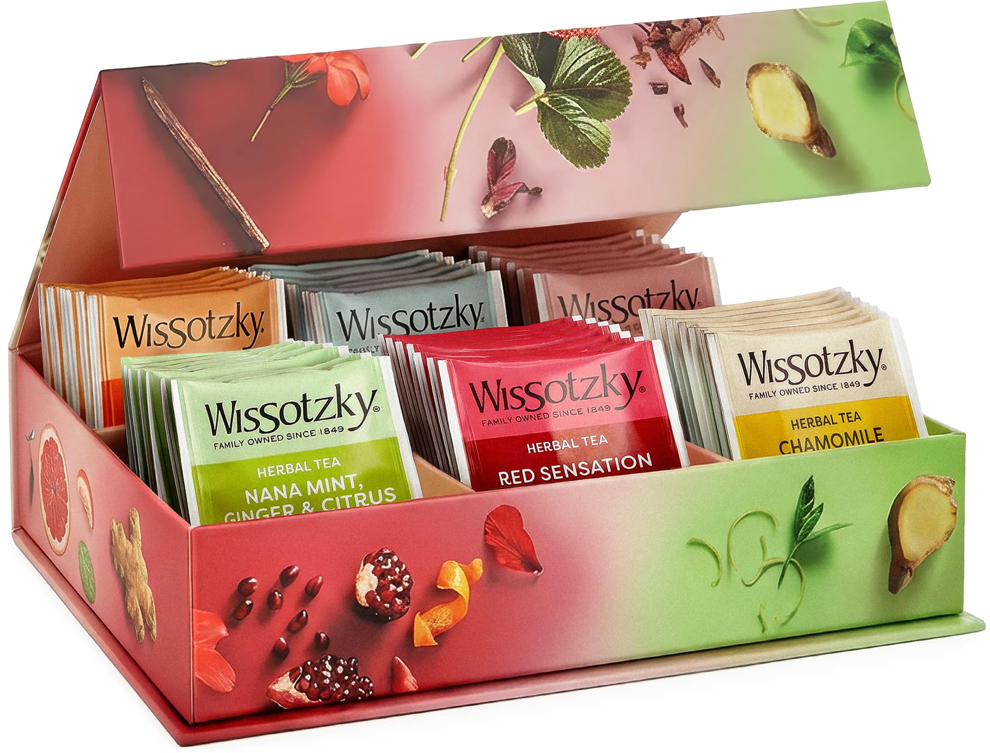 Wissotzky Herbal Tea Variety Pack Sampler (42 Tea Bags) in a Premium Reusable Gift Box | Mothers Day Gift | Caffeine-Free | 6 Exciting Flavors | Individually Wrapped Tea Bags | Ideal Present for Holiday & Corporate Gifting | Magnetic Closure Box | Kosher