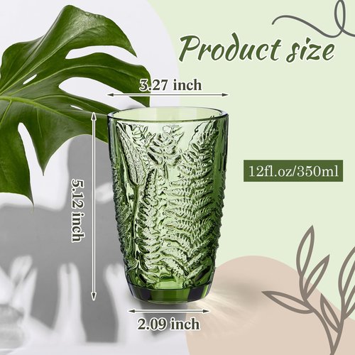 Reallnaive Green Drinking Glasses Set of 8, Boho Aesthetic Vintage Glassware Fern Carving Textured Tumbler Water Cups Embossed Pattern Drinkware Cocktail Glasses Set for Xmas Gifts(12 oz,Highball)