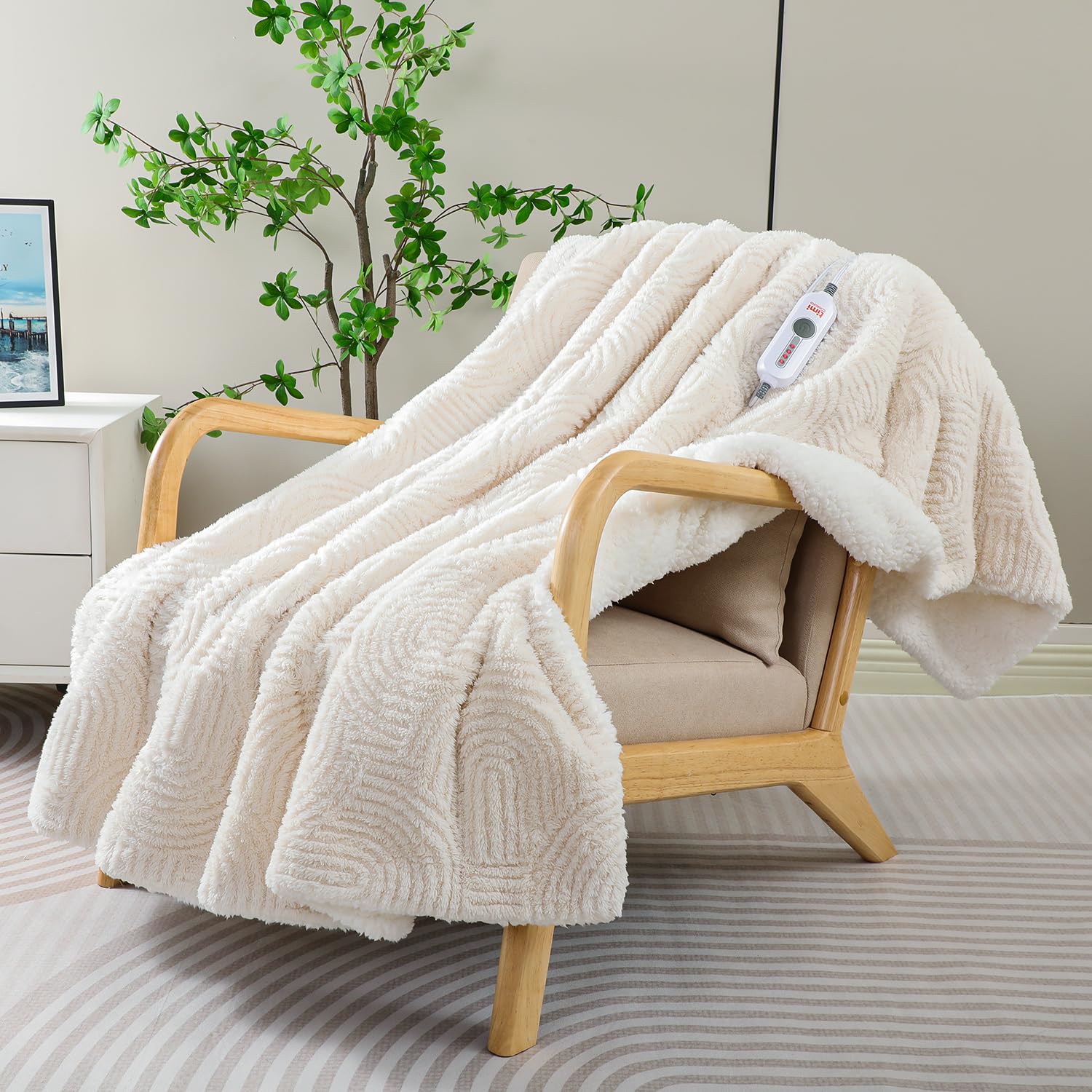TiMiCalda Heated Throw Blanket Electric - 50"x60" Cozy Soft Jacquard Heating Blanket with 4 Heat Levels & 4 Hours Auto-Off, Electric Throw with Overheating Protection, Warm Gifts, Cream