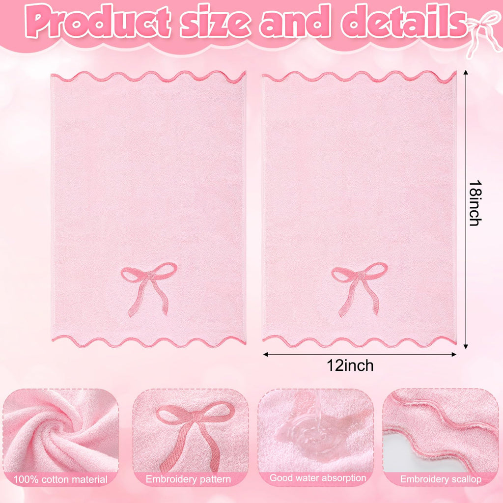SmoothNovelty 2 Pcs Fingertip Towels for Bathroom 12 x 18 Inch Small Fingertip Towels with Scalloped Pink Bow Design Embroidery Coquette Bow 100% Cotton Soft Absorbent Guest and Housewarming Gift