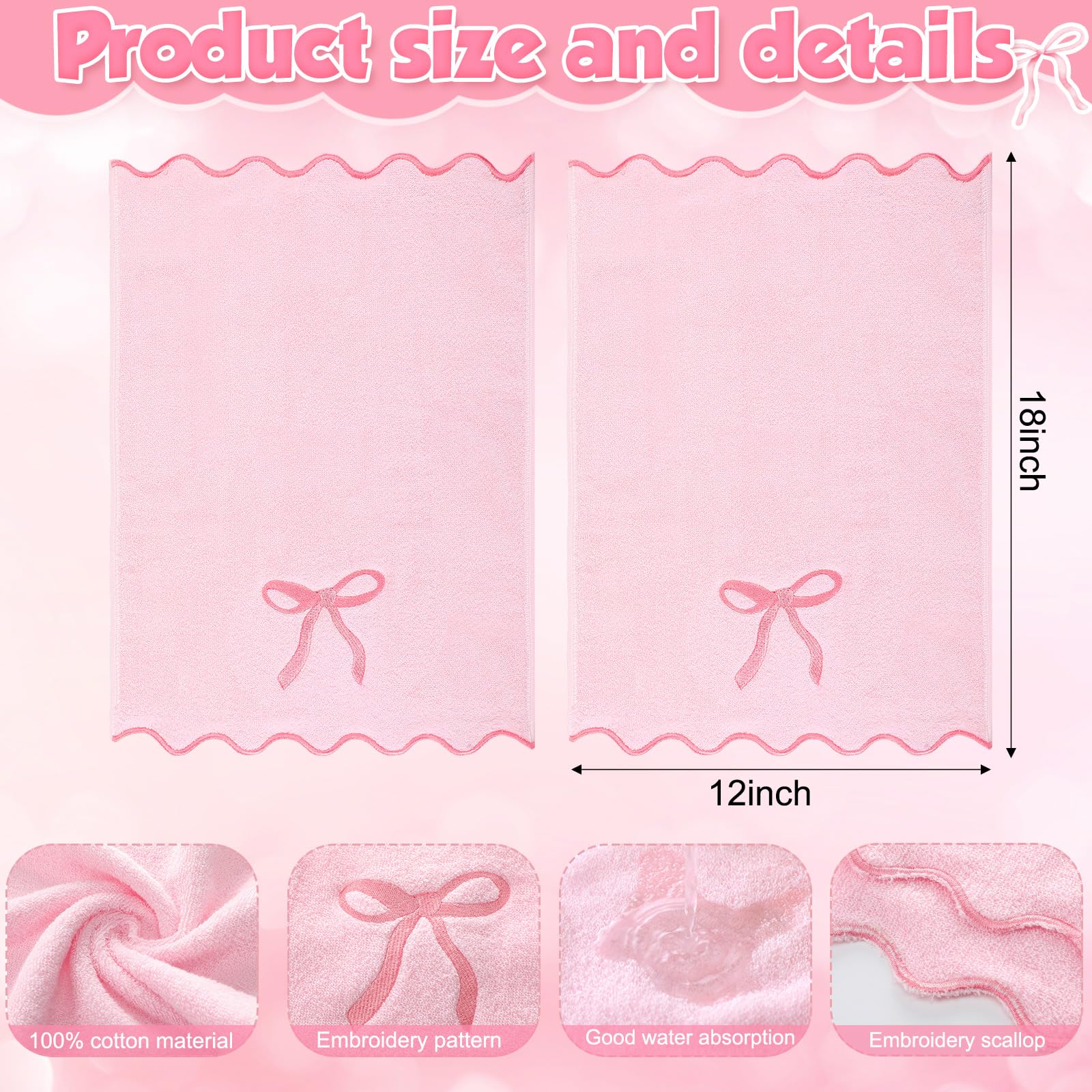 SmoothNovelty 2 Pcs Fingertip Towels for Bathroom 12 x 18 Inch Small Fingertip Towels with Scalloped Pink Bow Design Embroidery Coquette Bow 100% Cotton Soft Absorbent Guest and Housewarming Gift