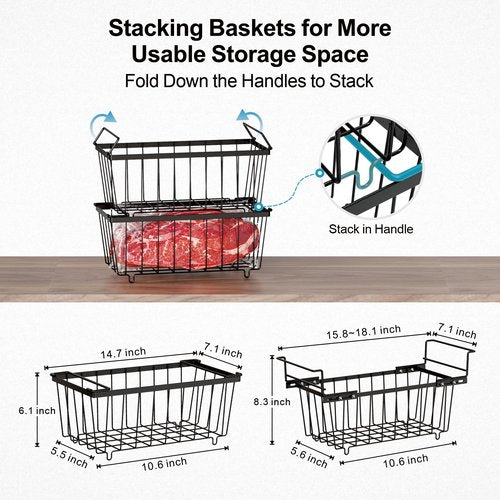 iSPECLE Chest Freezer Organizer Bins 8 Pack - Fit 7 Cu.Ft Deep Freezer, 2 Adjustable Hanging Baskets and 6 Pack Stackable Freezer Bins, Deep Freezer Organizer Bins Sort Frozen Food, Black