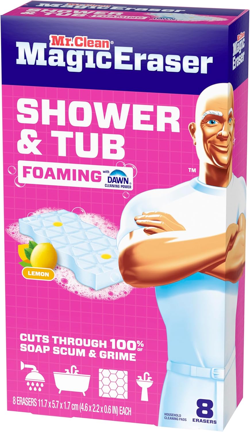Mr. Clean Magic Eraser Sponge - Powerful Soap Scum Remover for Bathroom & Shower | 8 Count with Lemon Scent