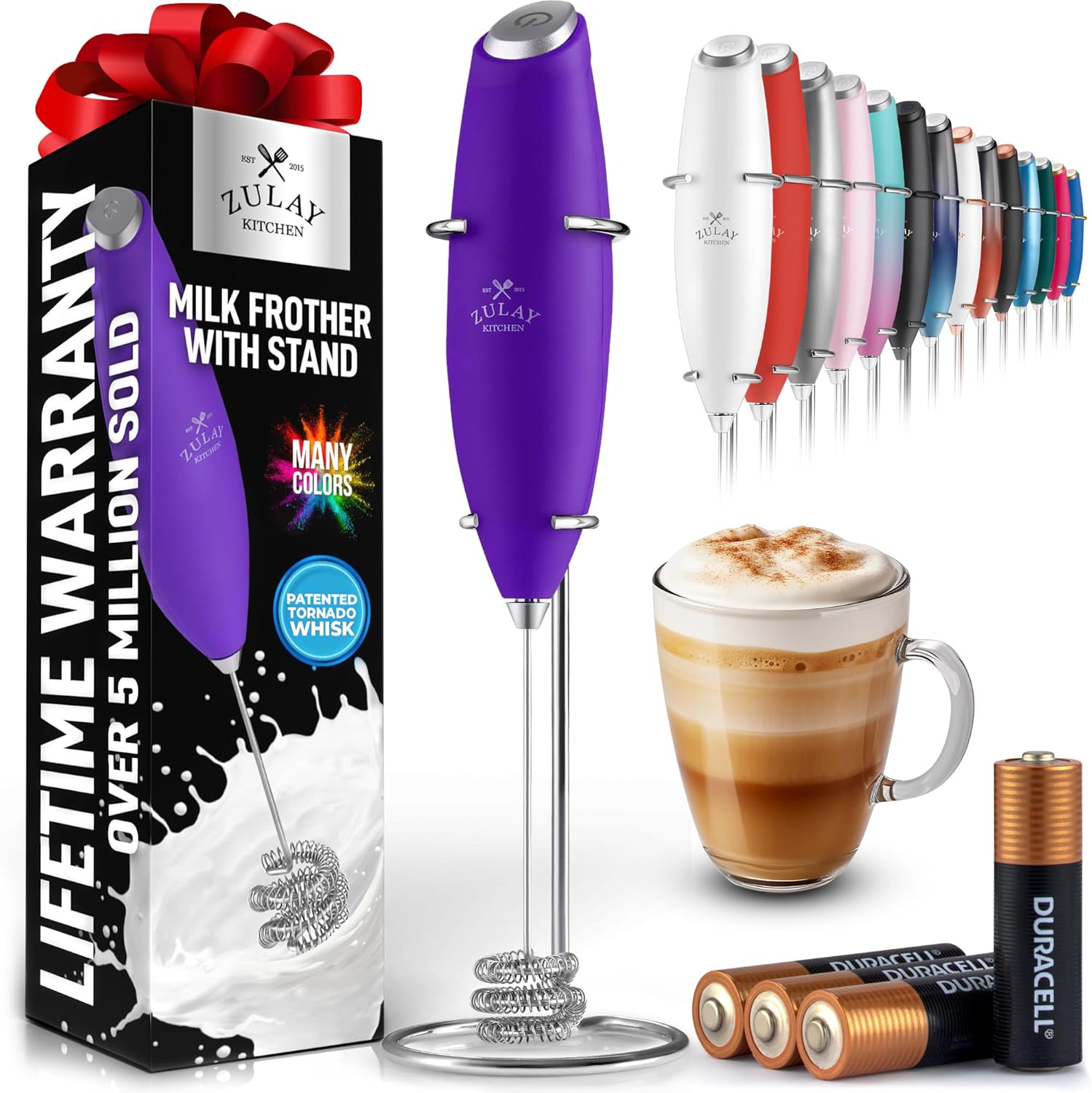 Zulay Kitchen Tornado Triple Whisk Milk Frother - Handheld Foam Maker for Coffee & Lattes - Purple with 4 Duracell Batteries