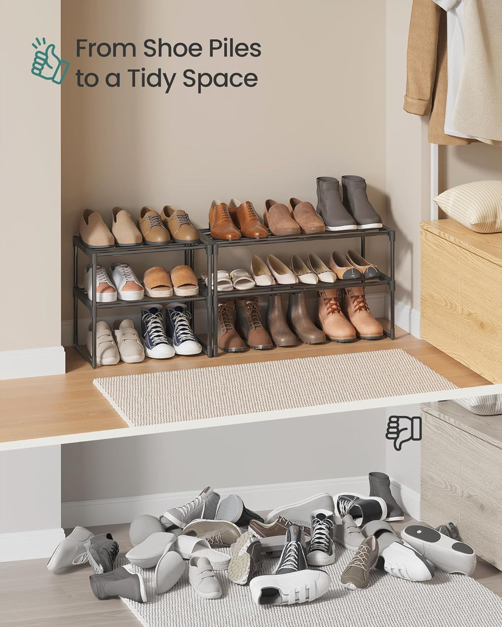 SONGMICS 2-Tier Shoe Rack - Stackable Metal Organizer for 3-6 Pairs | Black, 11.8 x 16.7 x 14.8 Inches