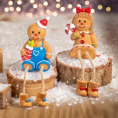Dazzle Bright Christmas Figurines - Set of 2 Resin Gingerbread Man Sitters | Festive Indoor Decor