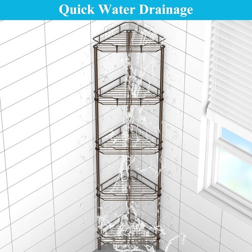 HuggieGems 5-Tier Corner Shower Caddy Organizer - Stylish Bathroom Shelf Rack with Hooks, Bronze Finish