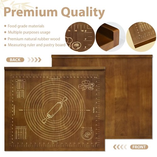 Kuabiz Wooden Pastry Board with Measurement 24'' x 20" Reversible Kneading Board with Side Lip and Engraved Ruler Bread Cutting Boards for Rolling Dough Baking Counter Top Kitchen (Brown)