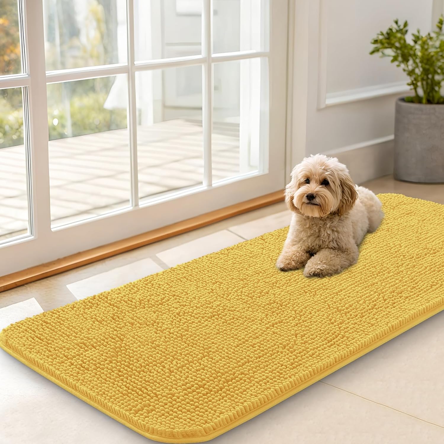 OLANLY Dog Door Mat - Absorbent Non-Slip Chenille Mud Mat for Muddy Paws | 47x20 Yellow Indoor Carpet