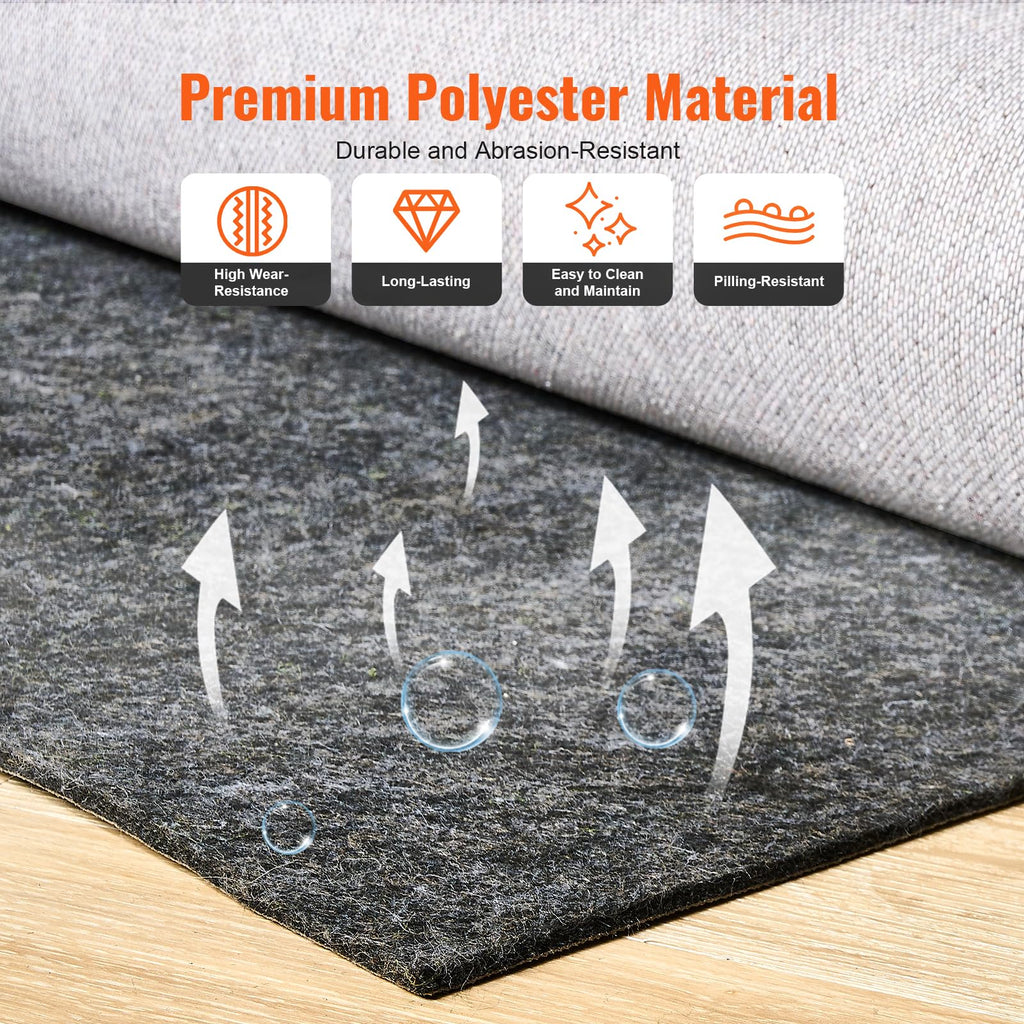 VEVOR 8' x 10' Rug Pad Gripper Without Slip-Resistance - 1/4" Thick Polyester Felt Padding Cushion for Area Carpet Runner Hardwood Floors Living Room - Grey