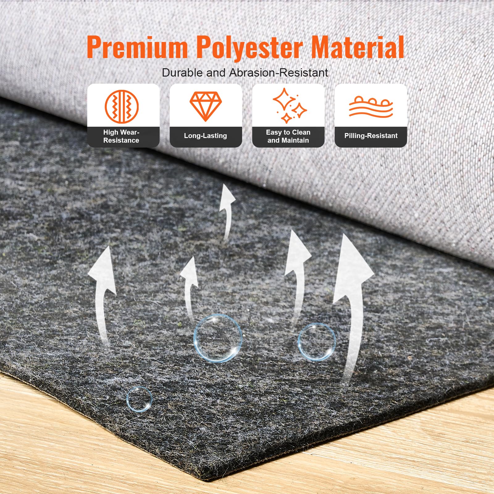 VEVOR 8' x 10' Rug Pad Gripper Without Slip-Resistance - 1/4" Thick Polyester Felt Padding Cushion for Area Carpet Runner Hardwood Floors Living Room - Grey