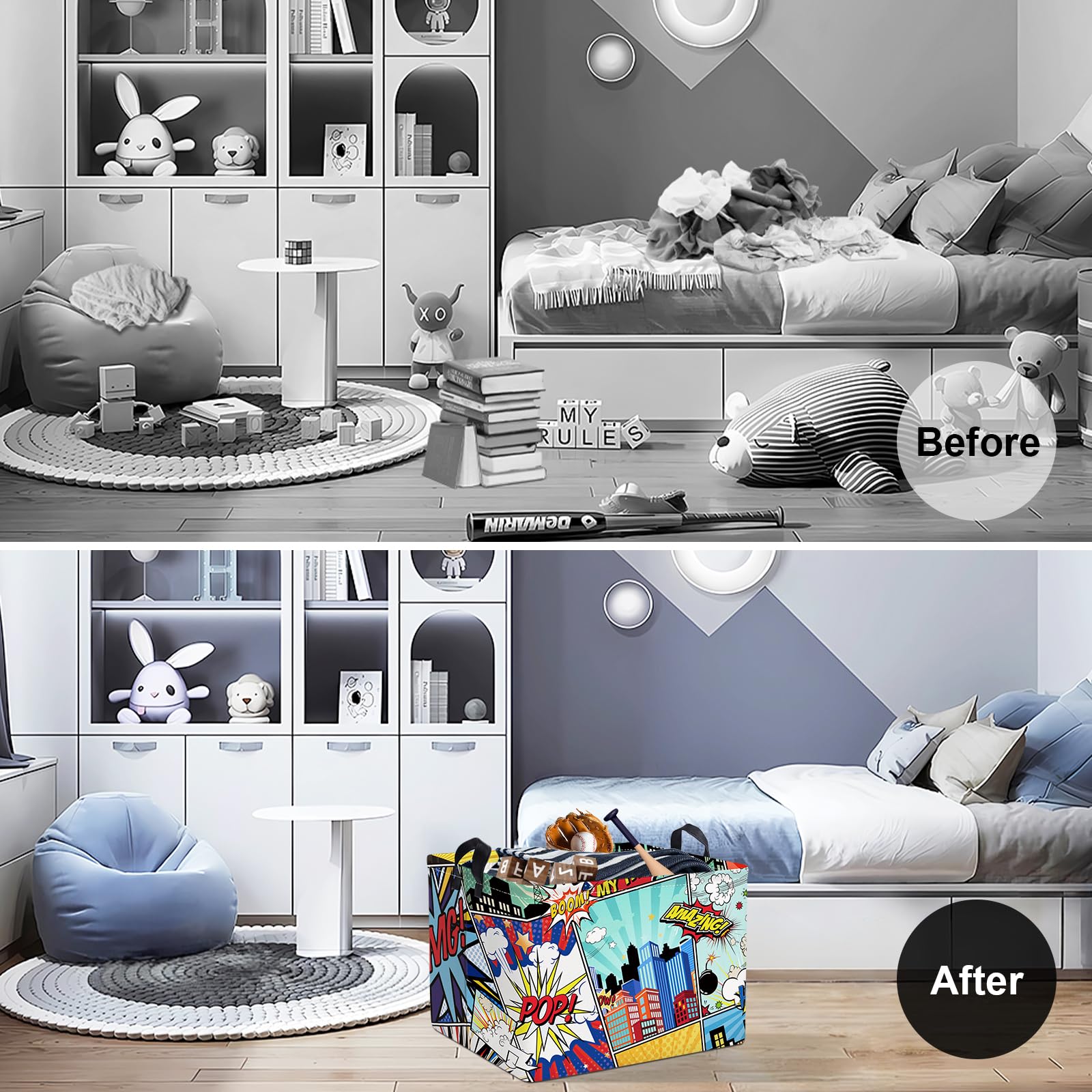 Clastyle 36L Rectangle Blue Comics Hero Kid Storage Basket Collapsible City Building Clothes Toy Nursery Bin Book Shelf Basket