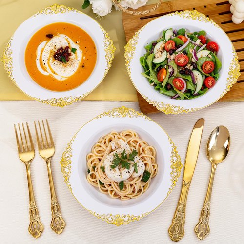 Joyido 100PCS Gold Plastic Bowls - 12 oz White Disposable Salad Bowls - Heavy Duty Soup Serving Bowl - Fancy Plastic Ice Cream Bowl for Parties, Dinners, Catering, Picnics