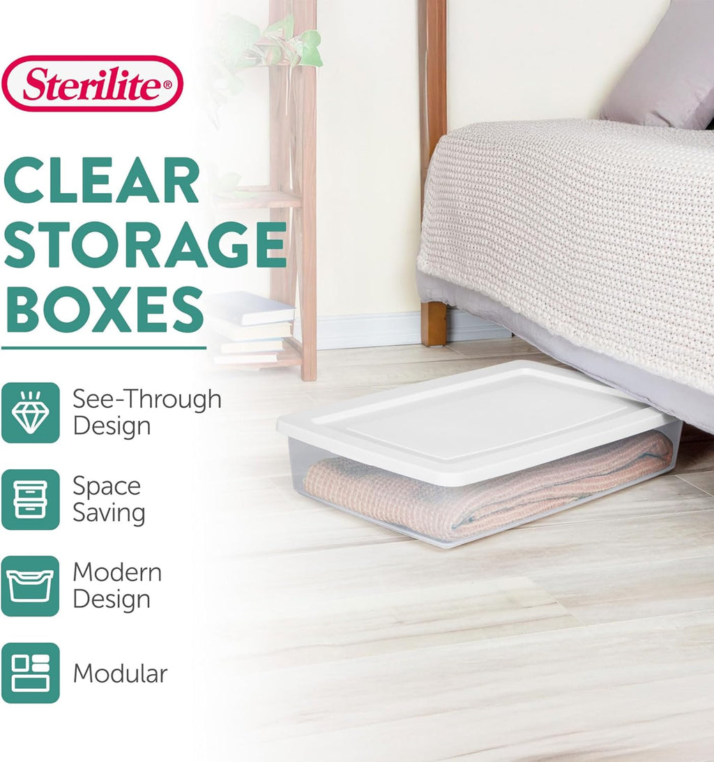 Sterilite 41 Quart Stackable Storage Box - 6 Pack Clear Plastic Containers with Secure Lids for Home & Office Organization