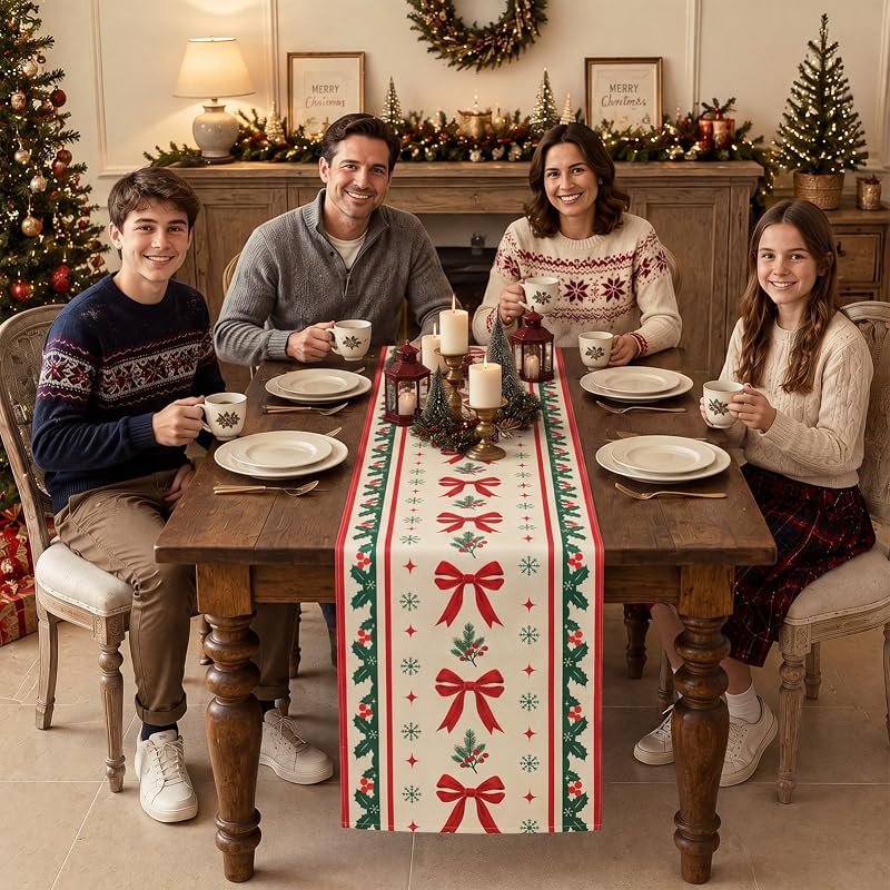 Red Bow Christmas Table Runner Decor