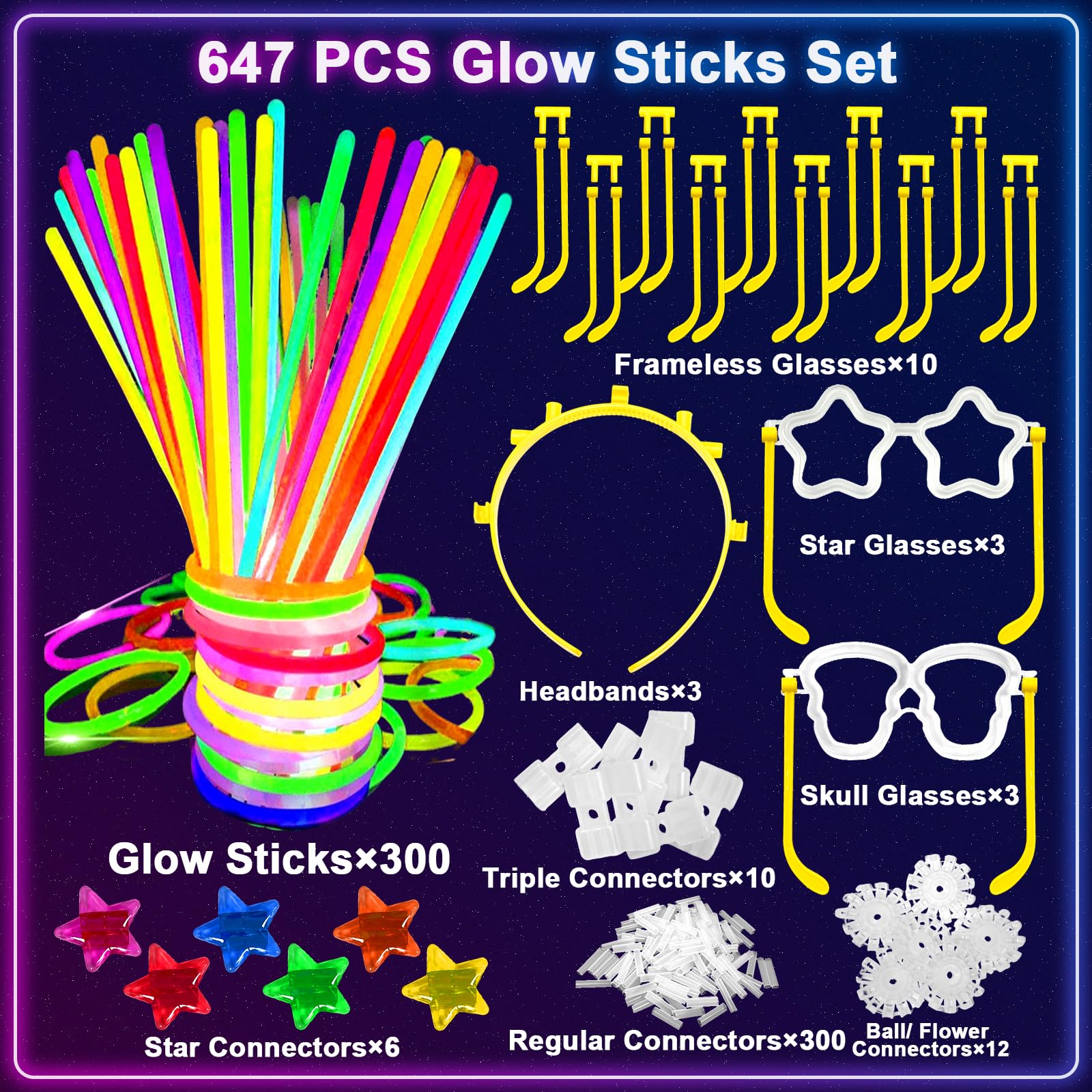 647PCS Glow Sticks, Glow in the Dark 4th of July Party Favors Party Supplies for Adults Glow Sticks Bulk & Connectors Light Up Glasses Headbands Bracelets Necklace for Birthday Wedding Patriotic 250th