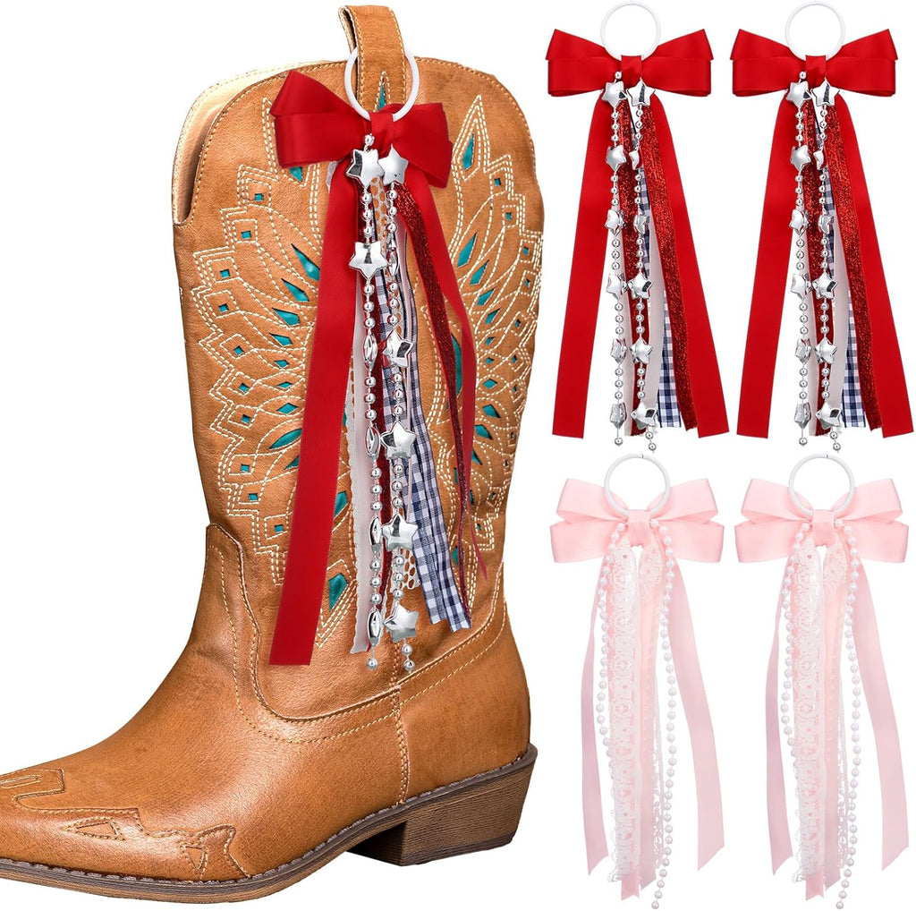 Norme Western Ribbon Boot Bows - 4 Pcs Buffalo Plaid & Glitter Pearl Lace | DIY Cowboy Cowgirl Accessories